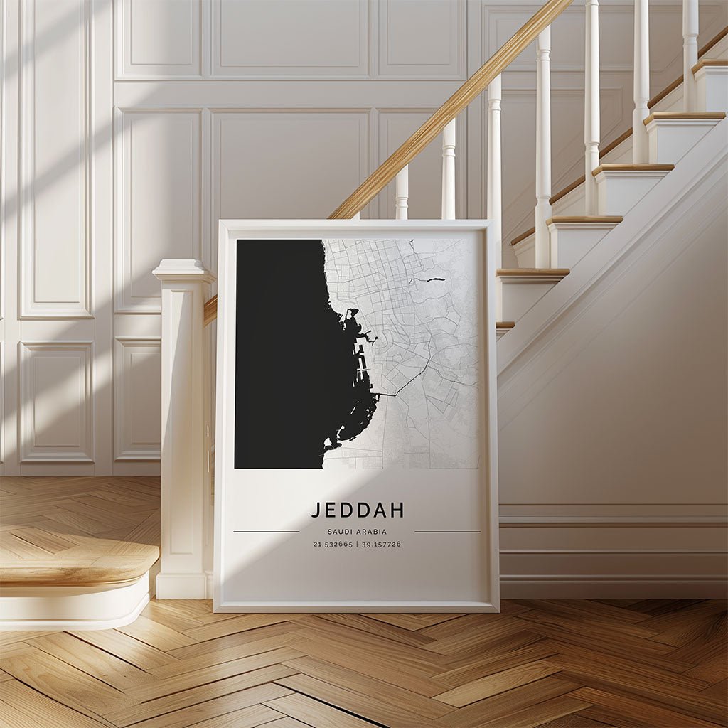 Jeddah (جدة) City Map Poster, Minimalist Art by FN Prints, shown framed in a room setting