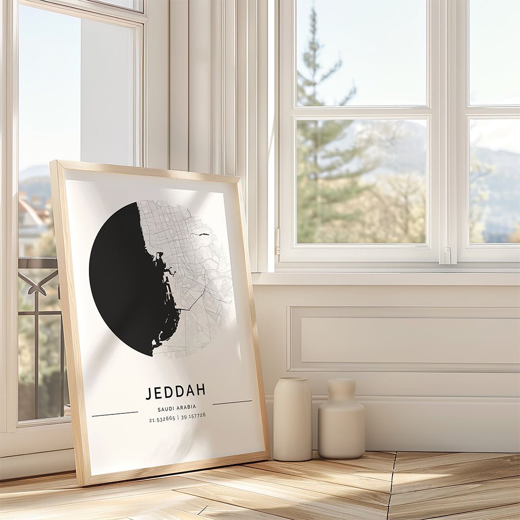 Jeddah (جدة) City Map Poster, Minimalist Art by FN Prints, shown framed in a room setting