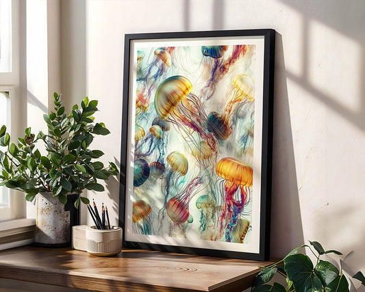 FN Prints' "Jellyfish Tides" artwork, embodying serene ocean vibes, rests on a shelf against a wall. Sunlight and plant shadows from a window create a bright and tranquil home decor setting.