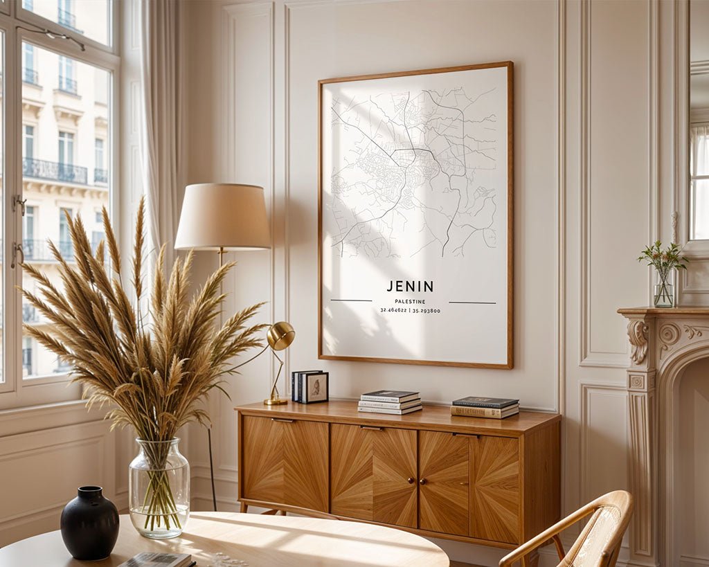 A cozy living room with elegant decor features a Jenin City Map by FN Prints as the wall art. A wooden sideboard holds a lamp and decor, enhancing the minimalist design. Tall pampas grass in a vase adds natural charm, while large windows brighten the space with ample sunlight.