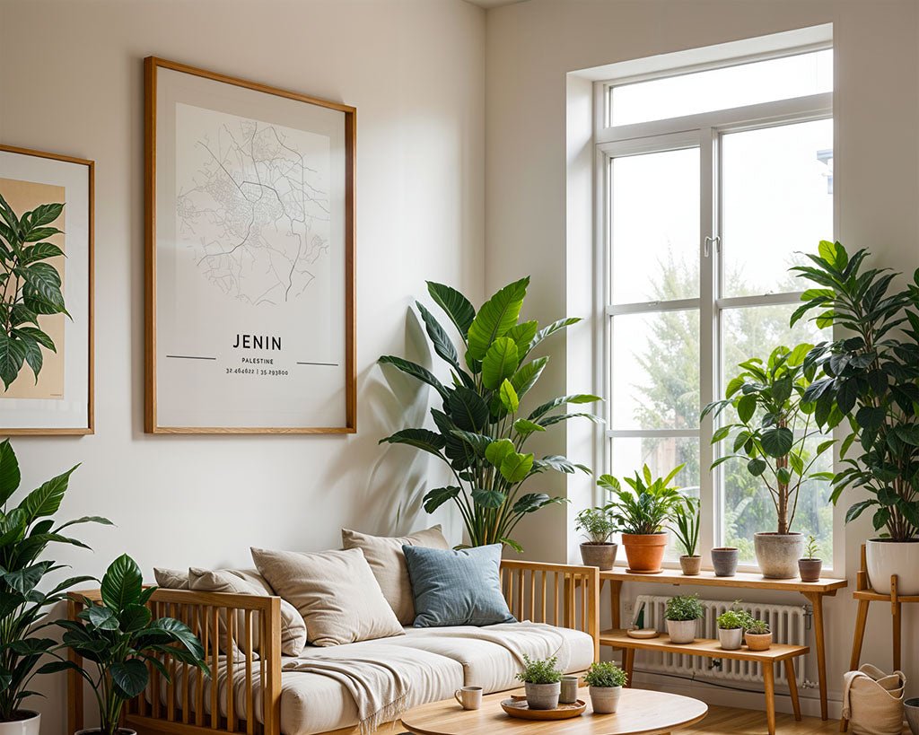 A cozy living room features a wooden sofa with white cushions, various potted plants, and a minimalist design. A large window allows natural light in. Two wall art pieces, one being FN Prints' Jenin City Map, adorn the walls. A wooden coffee table holds additional plants.
.