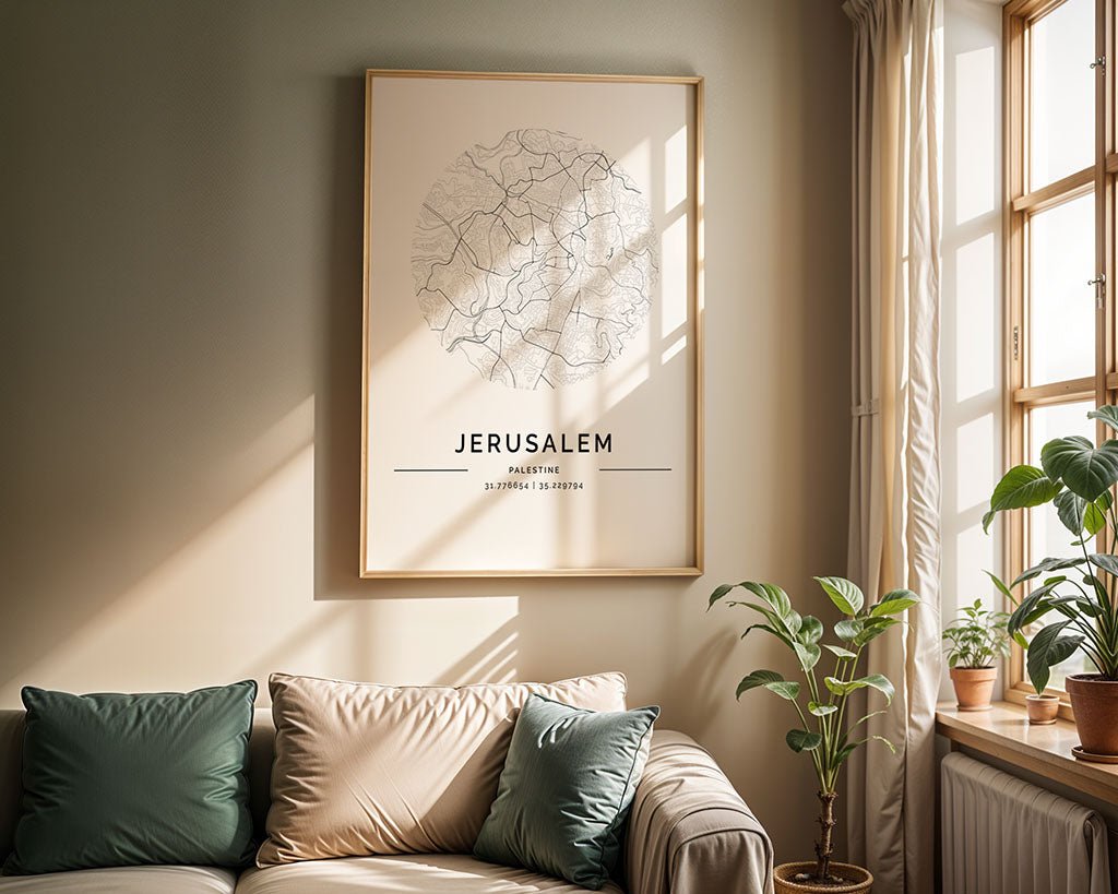 A cozy room features a beige sofa with green pillows, bathed in natural light. Above it hangs an FN Prints museum-quality Jerusalem City Map. The serene atmosphere is enhanced by several potted plants scattered around the room.