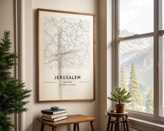A FN Prints Jerusalem City Map, museum-quality, decorates a beige wall with its coordinates. By a large window displaying mountains and evergreens, a wooden stool holds books, a camera, and a small plant under the captivating city art.