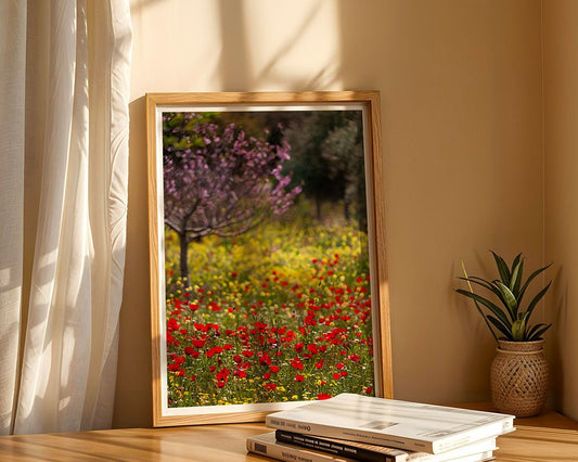 Jordan In Bloom" by FN Prints, a framed wildflower field photo with vibrant red, yellow, and purple blooms, sits near stacked books and a potted plant—ideal for wild forest landscape art lovers—by a sunny window with white curtains.