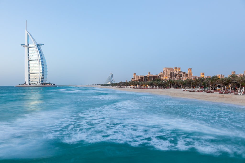 Burj Al Arab and Mandinat Jumeirah as seen from the sea in Dubai.