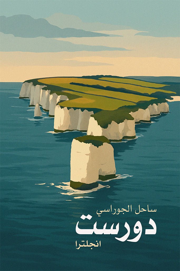 Poster of Jurassic Coast, Dorset, England with cliffs and ocean.