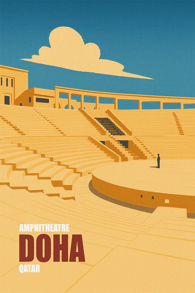 Illustration of an amphitheater in Doha, Qatar with a clear blue sky.