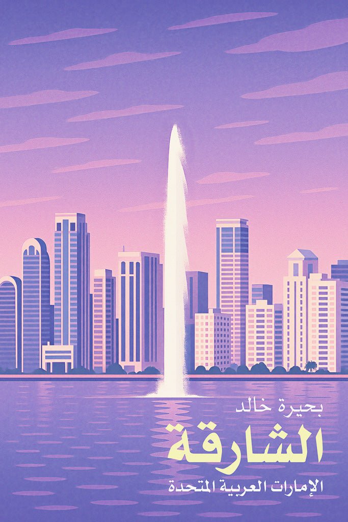 Illustrated skyline of Sharjah’s Khalid Lagoon (بحيرة خالد) at sunset, featuring modern towers and central fountain reflected in the water.