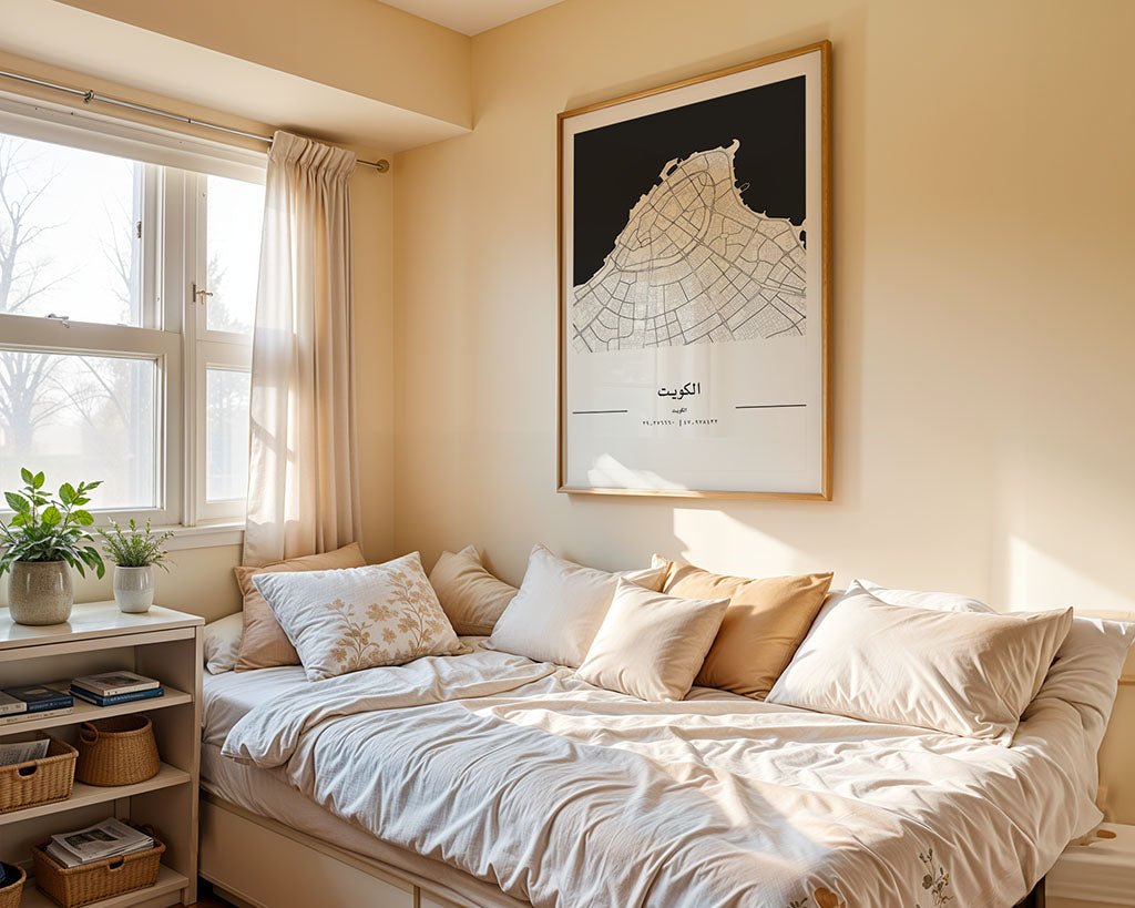 Kuwait City (الكويت) Map Poster, Minimalist Art by FN Prints, shown framed in a room setting