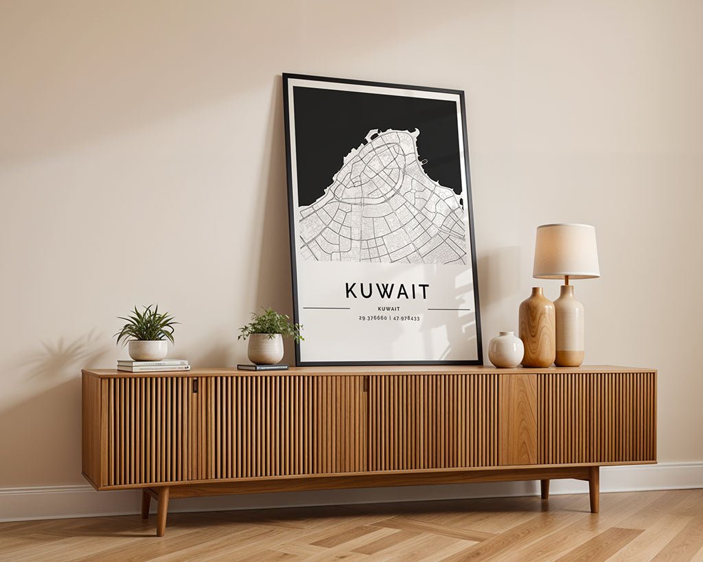 Kuwait City (الكويت) Map Poster, Minimalist Art by FN Prints, shown framed in a room setting