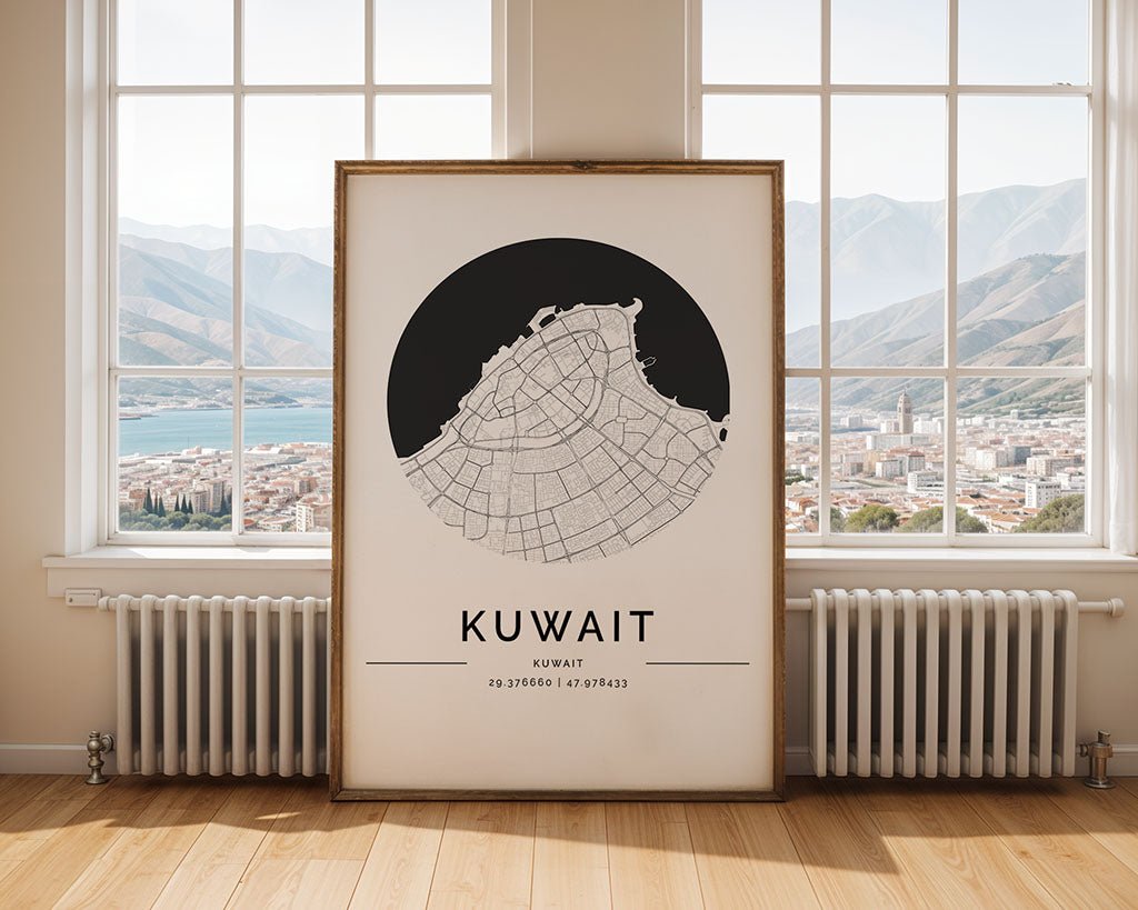 Kuwait City (الكويت) Map Poster, Minimalist Art by FN Prints, shown framed in a room setting