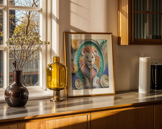 A framed digital artwork titled "Laal The Lion" by FN Prints, featuring a lion with a colorful mane, sits on a wooden countertop near a window. Next to it are two vases, one brown and one amber, alongside a white cylinder. Sunlight streams in, casting whimsical shadows that resemble pastel landscapes on the wall.