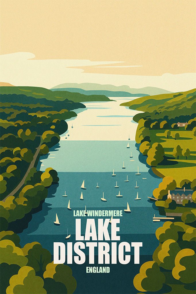 Illustration of Lake Windermere in the Lake District, England with green landscapes and a river.