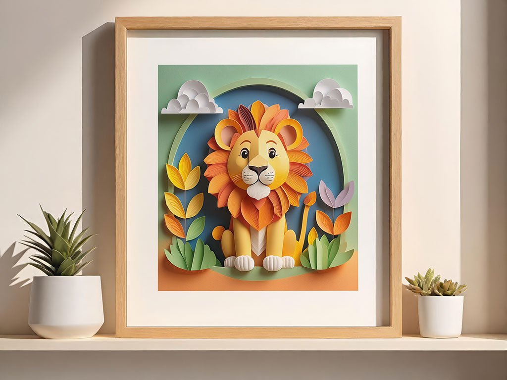 The Leonardo The Lion framed digital artwork by FN Prints beautifully displays a colorful, paper-cut style lion surrounded by vibrant flowers and clouds, capturing a folded paper effect. This striking image is elegantly placed on a shelf, accompanied by two small potted succulents on either side.