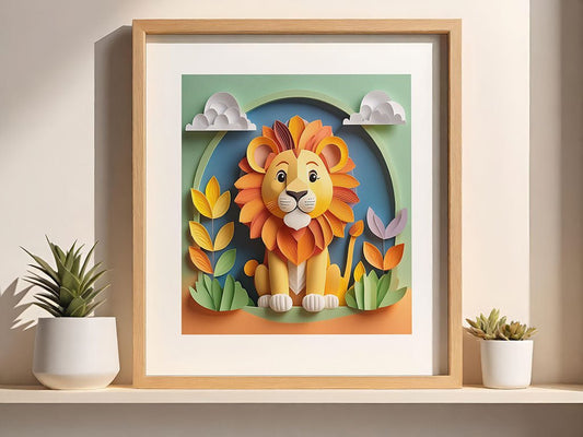 The Leonardo The Lion framed digital artwork by FN Prints beautifully displays a colorful, paper-cut style lion surrounded by vibrant flowers and clouds, capturing a folded paper effect. This striking image is elegantly placed on a shelf, accompanied by two small potted succulents on either side.