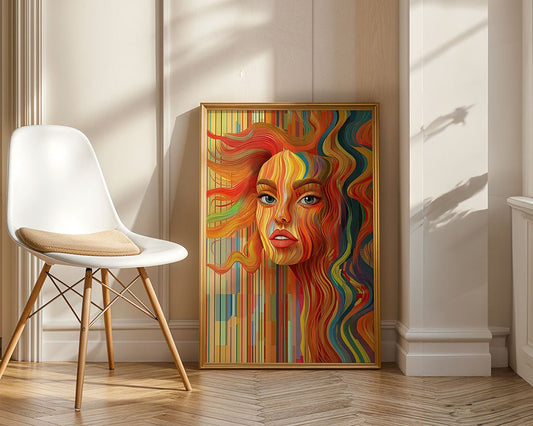 A framed painting titled "Lines And Waves" by FN Prints, showcasing a woman's face in a vibrant multicolored palette reminiscent of Art Nouveau, is elegantly propped against a wall. The artwork is bathed in soft natural light. Nearby, a modern white chair with a cushion rests on the wooden floor.