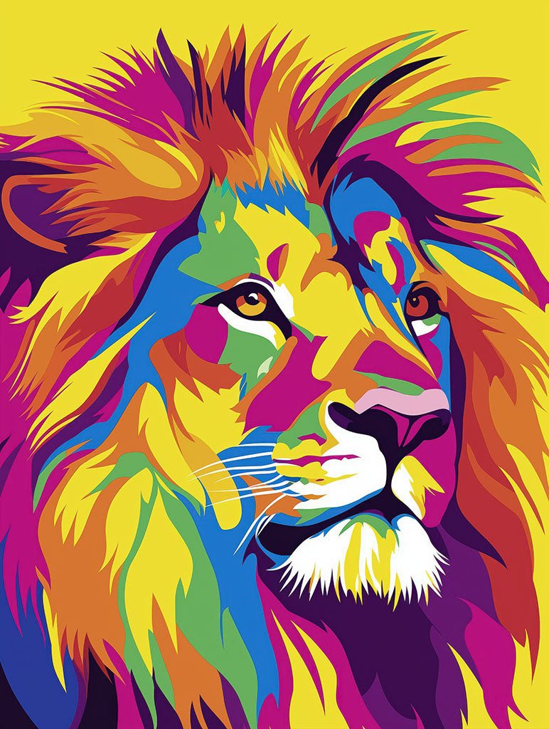 A colourful art print of a lion’s face with vibrant paint splashes in purple, yellow, pink, and green, capturing its majestic presence in a bold modern style.