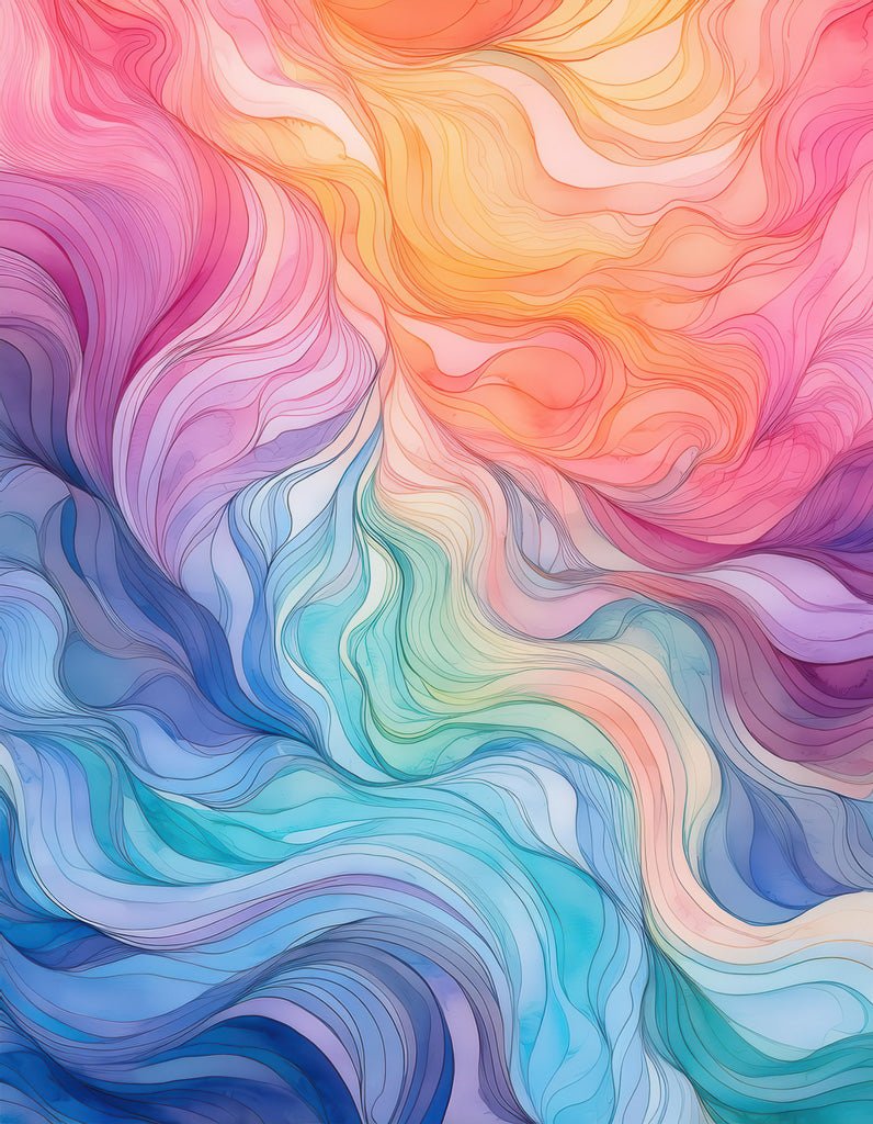 The Liquid Pastel Waves by FN Prints features colorful abstract art with fluid, swirling patterns in shades of orange, pink, blue, and purple. The design resembles abstract waves or ribbons, blending seamlessly with a vibrant gradient effect—perfect for those seeking serene home decor.