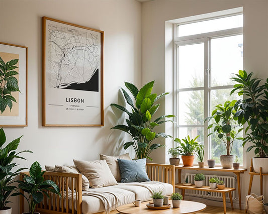 A sunlit living room showcases a wooden sofa with cushions and various potted plants. A large window allows natural light in, while an FN Prints Lisbon City Map poster hangs above the sofa, enhancing the European vibe. A small wooden table holds additional plants.