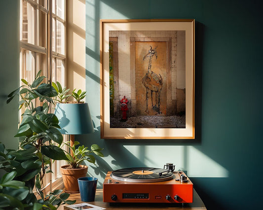 The "Lisbon Graffiti" framed artwork by FN Prints hangs on a green wall above a red record player. Sunlight from the window highlights houseplants, a lamp, and a potted plant arranged on the table.