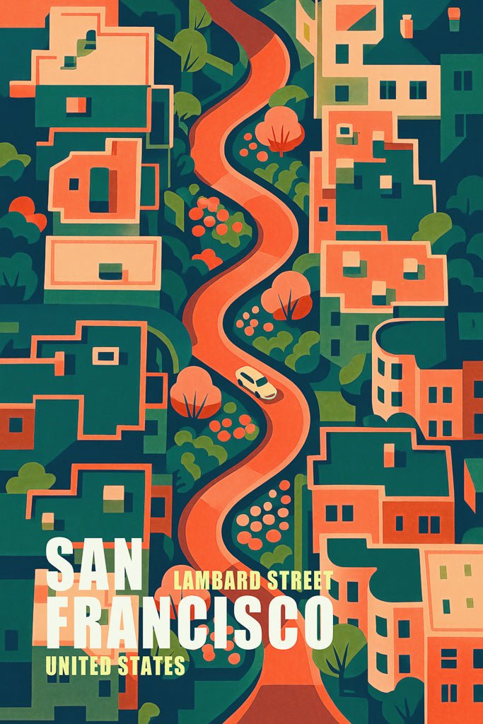 Illustrated travel poster of Lombard Street in San Francisco (سان فرانسيسكو) showing winding red street, vintage buildings, and lush trees in sunset colors.