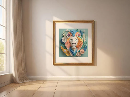 The "Luca The Lion" framed digital artwork by FN Prints showcases a stylized white lion surrounded by vibrant abstract shapes and foliage. It is displayed on a light-colored wall, where sunlight from a window to the left illuminates it, casting shadows onto the wooden floor.