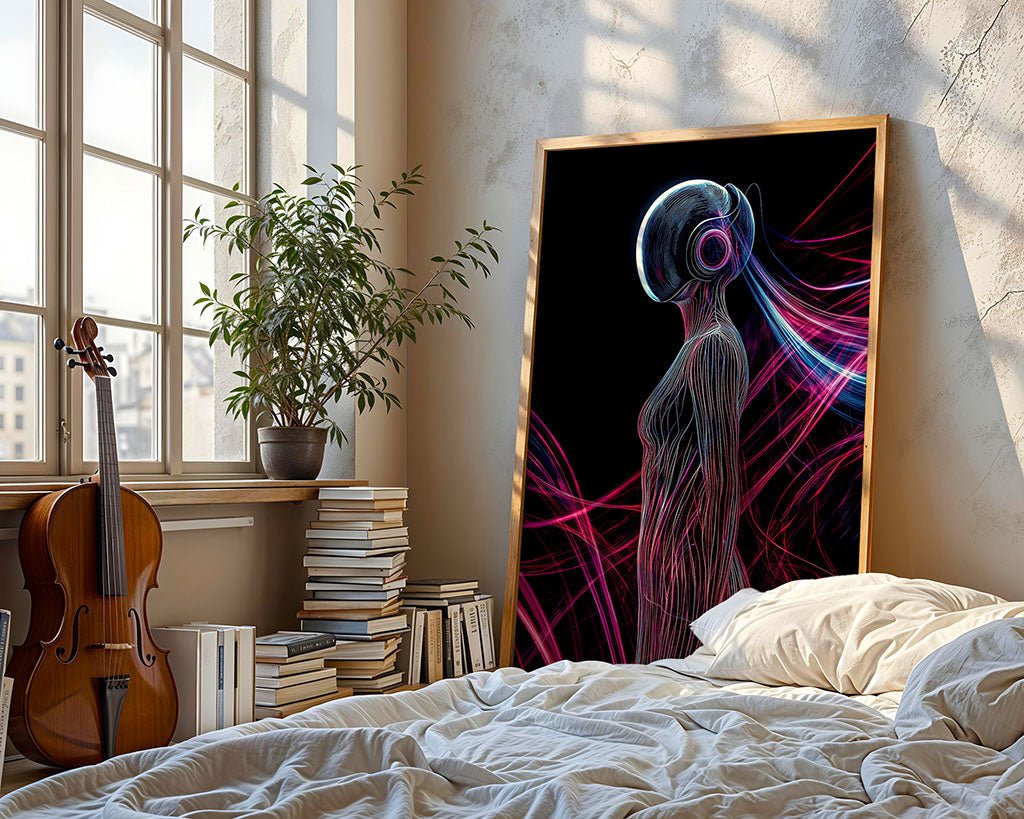 A cozy bedroom features a bed with white sheets, a stack of books, a potted plant, and a violin. Leaning against the wall is "Luminous Existence" by FN Prints, a large framed abstract digital artwork depicting a futuristic figure with glowing lines—a true nod to sci-fi inspiration—bathed in sunlight from the window.