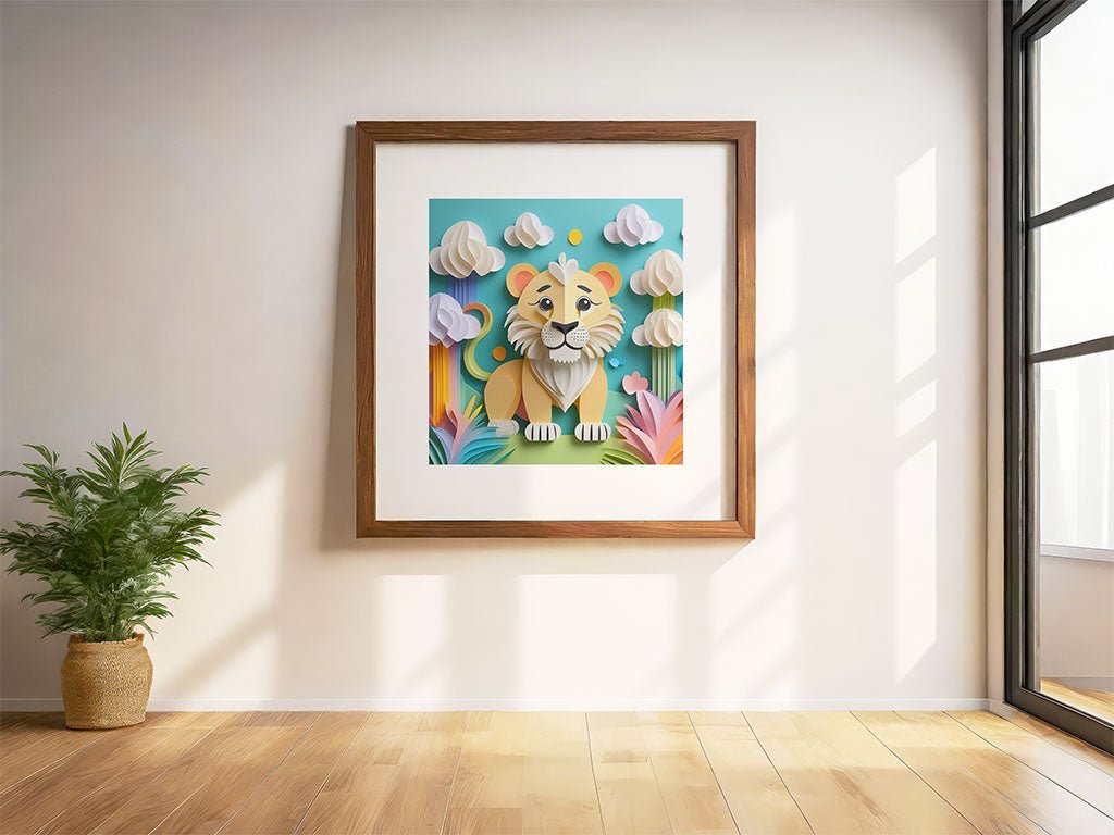 A whimsical FN Prints design featuring Luna The Lioness Cub, framed and displayed on a white wall, is enhanced by vibrant bushes and clouds that add charm. Below, a potted plant sits on the wooden floor as sunlight pours through a large window to the right.