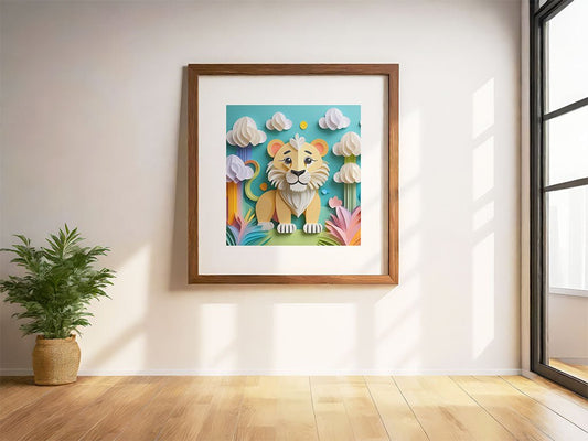 A whimsical FN Prints design featuring Luna The Lioness Cub, framed and displayed on a white wall, is enhanced by vibrant bushes and clouds that add charm. Below, a potted plant sits on the wooden floor as sunlight pours through a large window to the right.