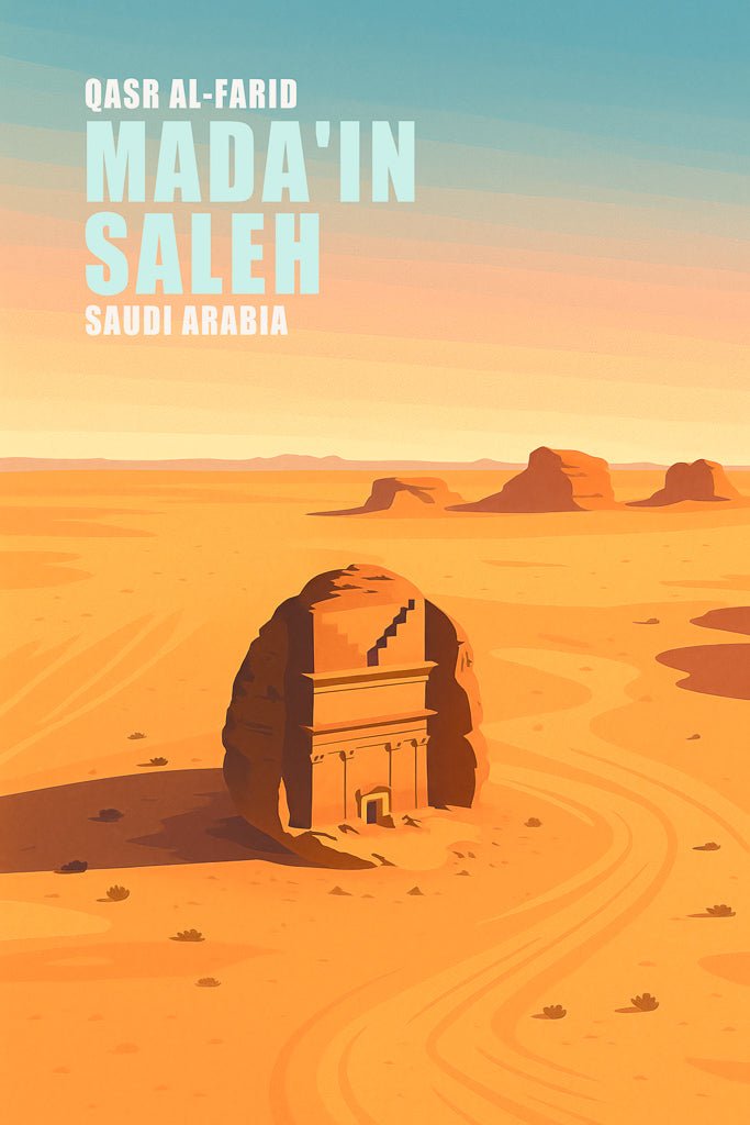 Desert landscape illustration of Qasr al-Farid in Madain Saleh with English text and warm sunset tones.