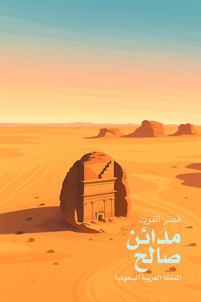 Desert landscape illustration of Qasr al-Farid in Madain Saleh with Arabic text and warm sunset tones.