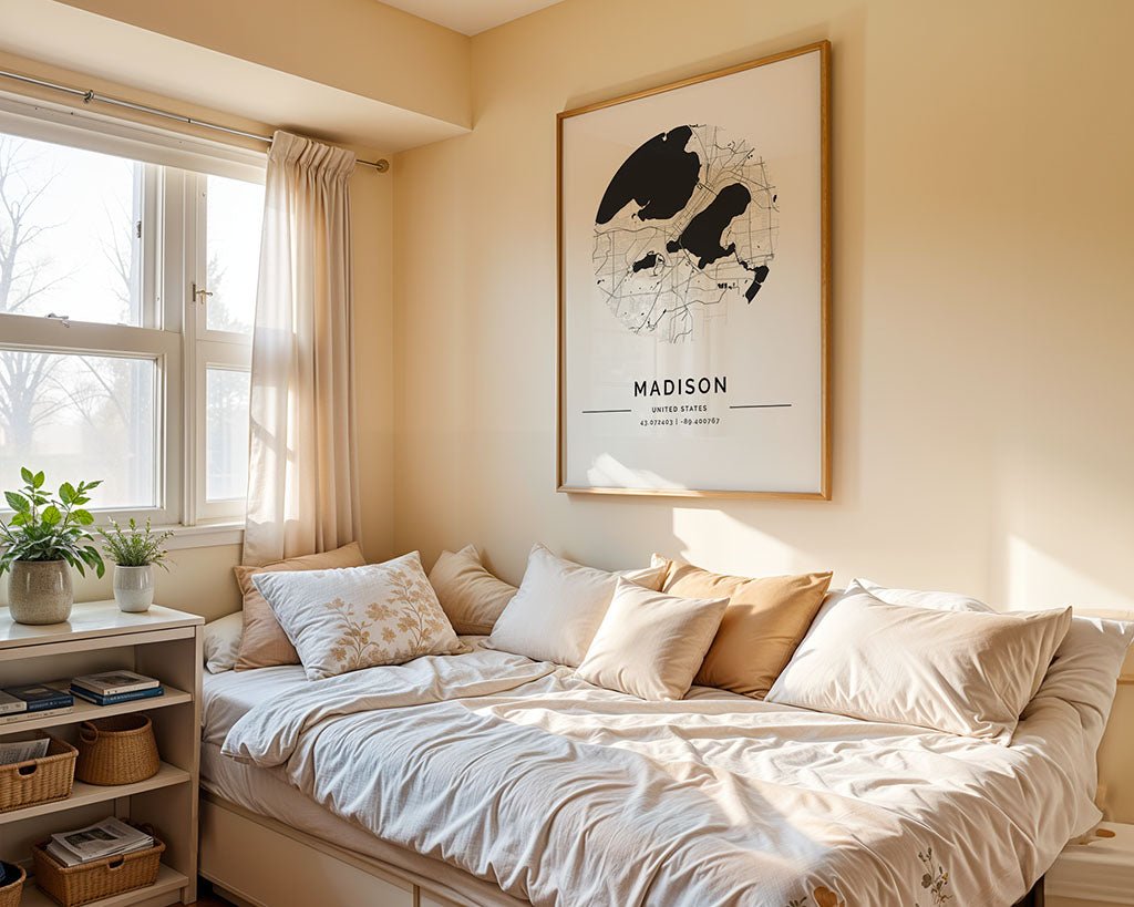 A cozy bedroom showcases a neatly made bed with white and beige pillows and comforter. Above the bed, a framed Madison City Map by FN Prints adds local charm. Natural light filters through sheer curtains, while a small shelf holds plants and baskets.