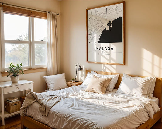 A cozy bedroom with a wooden bed, white bedding, and multiple pillows features an FN Prints Malaga City Map above. Near the bed, a small white desk with a potted plant and lamp enhances the minimalist vibe as sunlight filters through curtains.