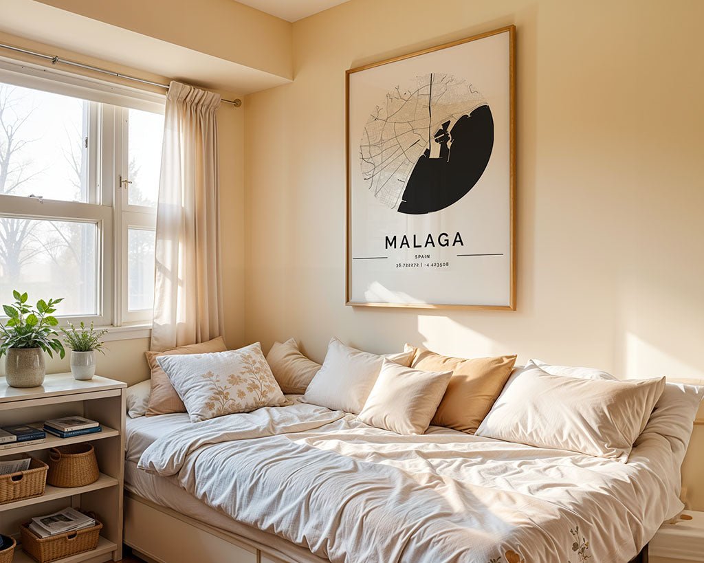 A cozy bedroom highlights a bed with white sheets and several pillows under FN Prints' minimalist Málaga City Map, flanked by a small bookshelf with potted plants and baskets. Natural light streams in through the window, complementing the warm beige walls for a soft ambiance.