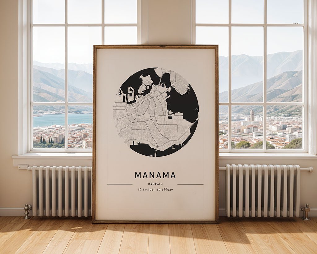 Manama (المنامة) City Map Poster, Minimalist Art by FN Prints, shown framed in a room setting