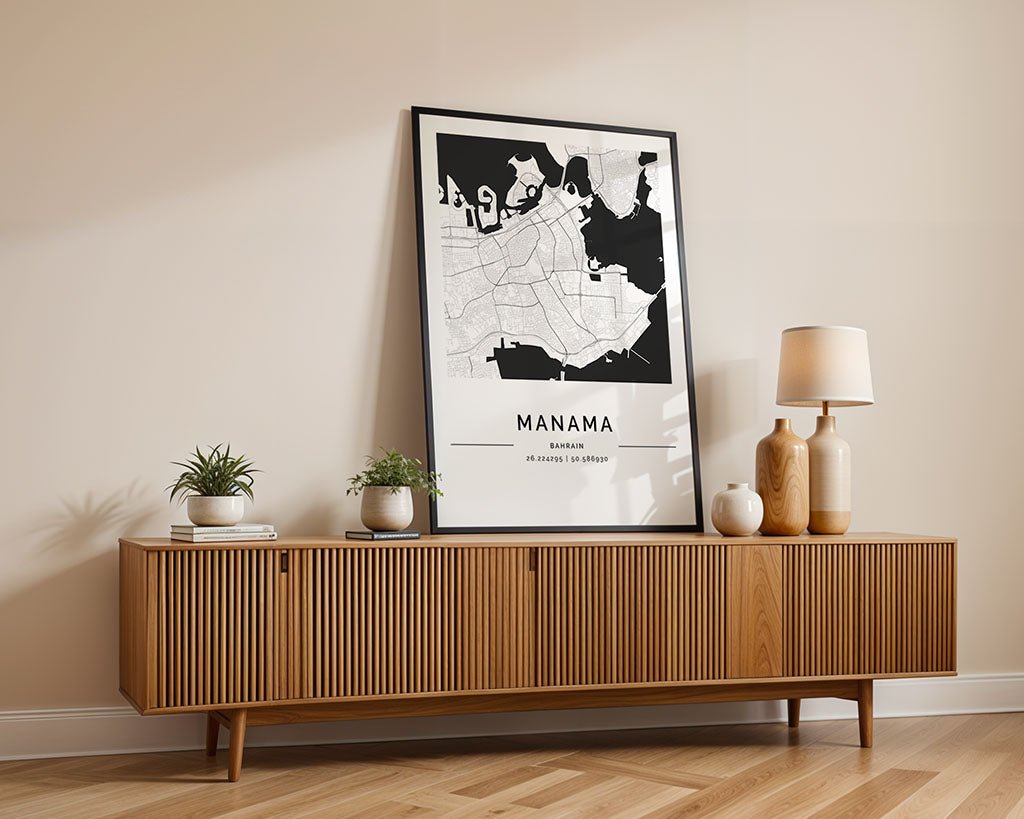 Manama (المنامة) City Map Poster, Minimalist Art by FN Prints, shown framed in a room setting