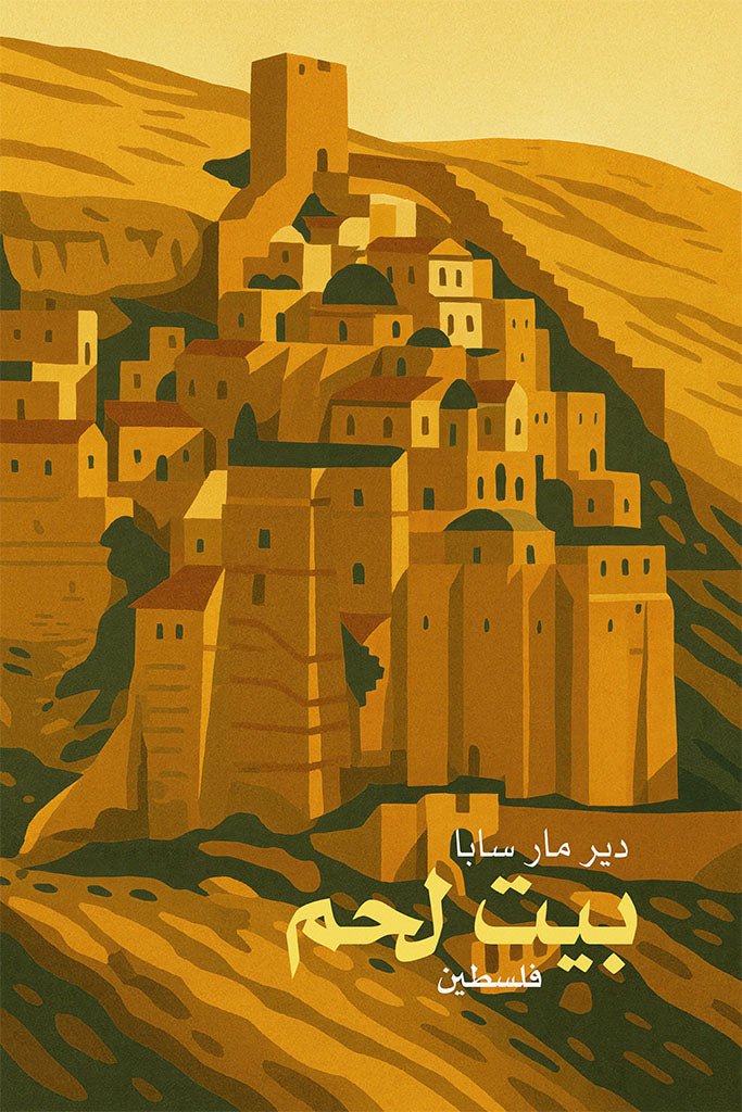 Vintage travel poster of Mar Saba Monastery near Bethlehem, Palestine, with terraced desert buildings in warm ochre tones.