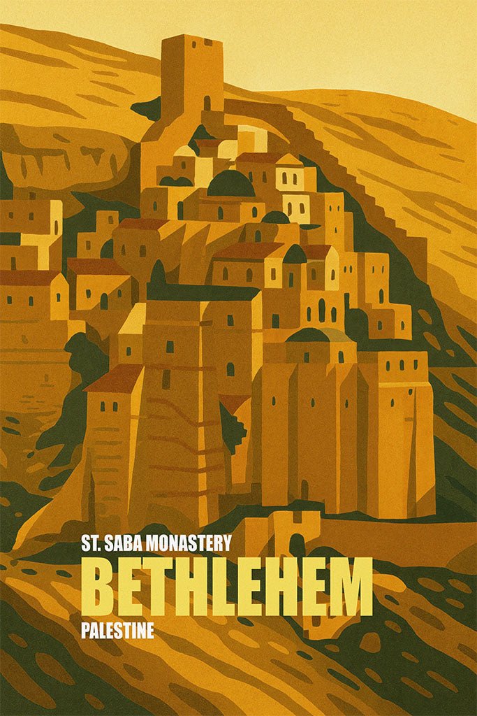 Vintage travel poster of Mar Saba Monastery near Bethlehem, Palestine, with terraced desert buildings in warm ochre tones.