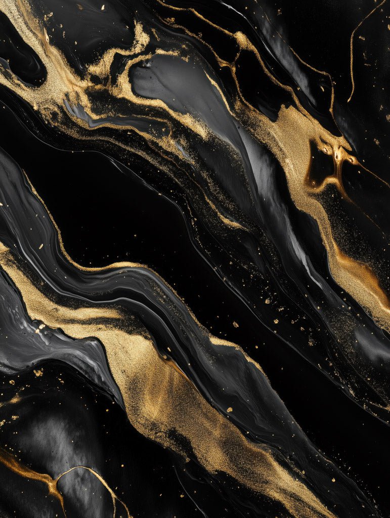 Black abstract artwork with gold fluid lines and glitter-like textures flowing diagonally