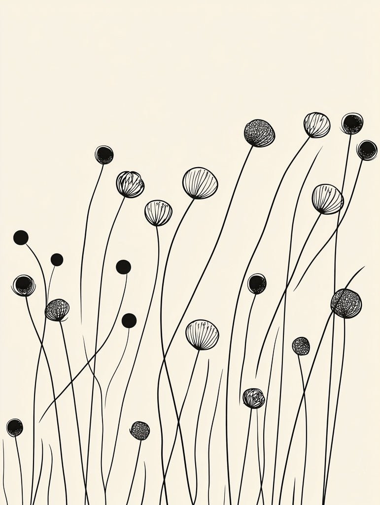 Delicate line art flowers with abstract forms, presented in black ink against a soft, neutral background.