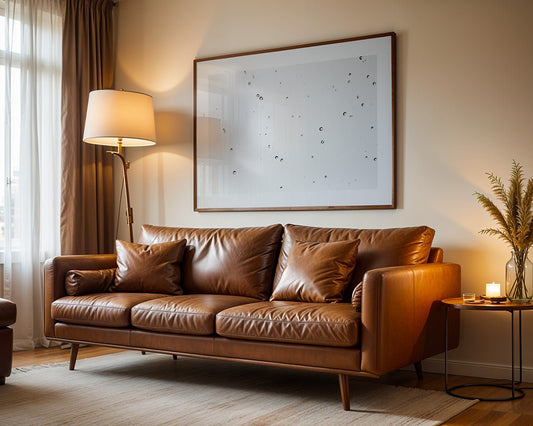 Minimalist living room featuring a brown leather sofa with matching cushions, a modern floor lamp, and a large framed abstract artwork with subtle black dots on a white background. The neutral-toned space is warmly lit, creating a cozy and sophisticated atmosphere.