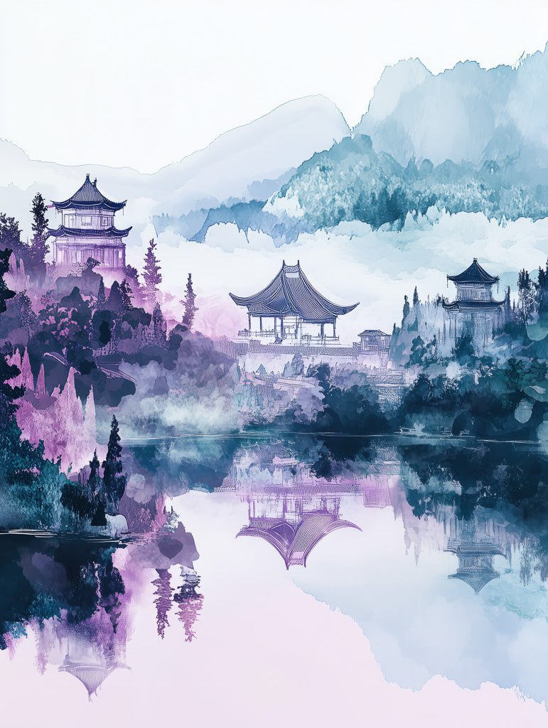 Watercolor art of East Asian temples and forested hills reflected in a still lake with misty mountains