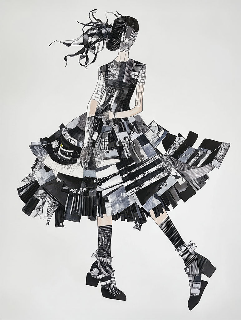A fashion art print featuring a dynamic figure in a layered black-and-white dress, capturing the elegance and movement of modern fashion.