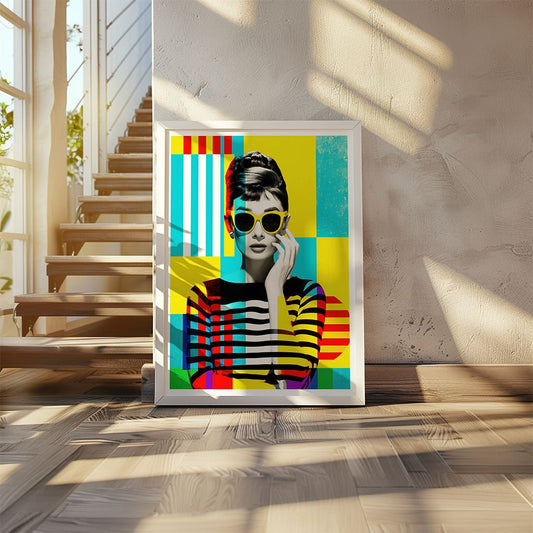 Modern Muse" by FN Prints is a framed, colorful pop art portrait of a woman in sunglasses and stripes, propped against a sunlit wall by a staircase—an eye-catching modern statement piece that casts bold shadows on the wooden floor.