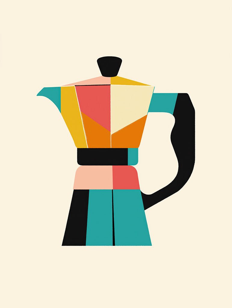 A colorful abstract art print featuring a stylized Moka Pot with geometric shapes in warm and cool tones, ideal for modern kitchens and coffee lovers.