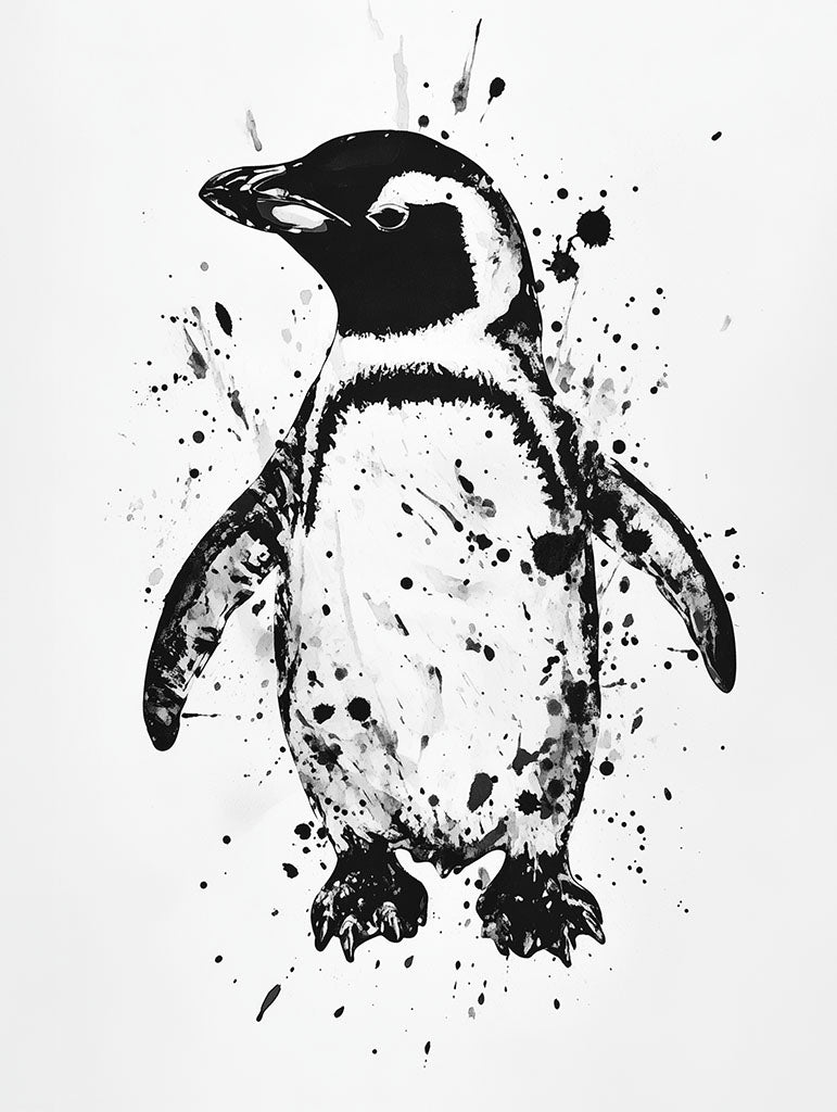 A monochrome art print of a penguin, surrounded by bold black-and-white paint splashes, capturing its playful elegance in an abstract style.