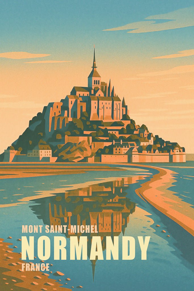 Illustrated poster of Mont Saint-Michel in Normandy, France, with English text and a golden water reflection.
