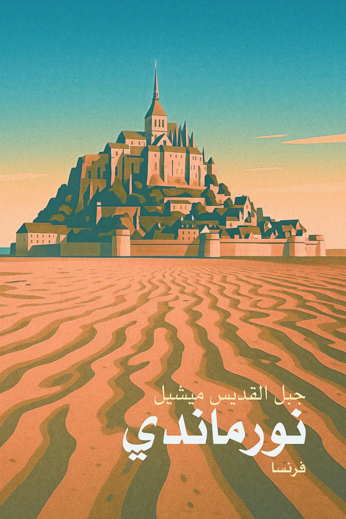 Illustrated print of Mont Saint-Michel in Normandy, France, with tidal sand textures and Arabic script.