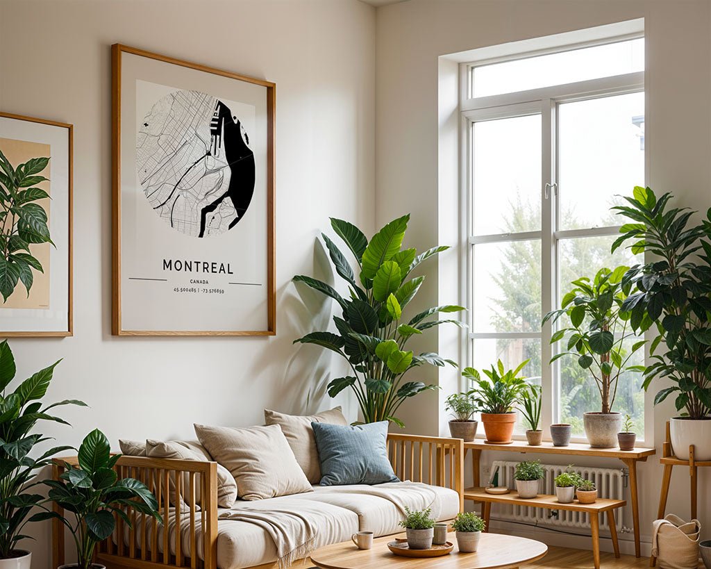 A bright living room with a large window lets natural light flood in. A wooden sofa with cushions is surrounded by potted plants, while a minimalist Montreal City Map by FN Prints adorns the wall. A small round table holds more plants, enhancing the serene and airy atmosphere.