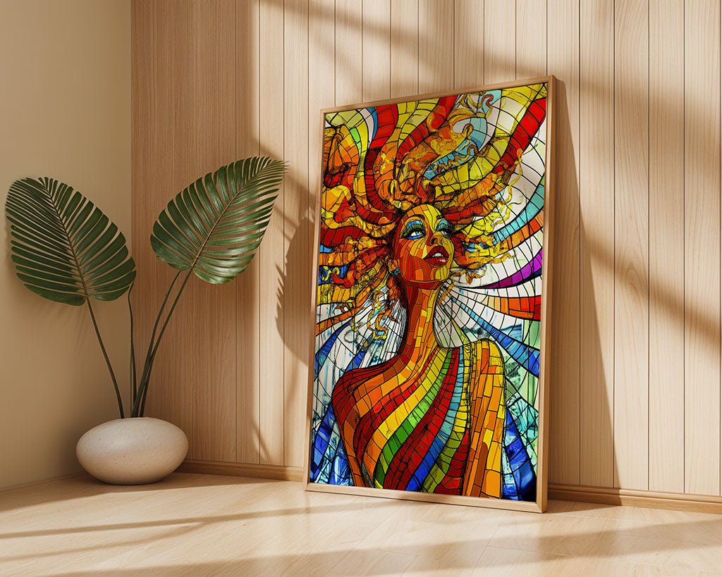 The "Mosaic Woman" by FN Prints is a colorful stained glass artwork leaning against a wooden wall, capturing an abstract portrait with flowing hair in vibrant shades of red, blue, yellow, and orange. Sunlight creates mosaic-like shadows through the piece, while a large potted plant sits nearby.